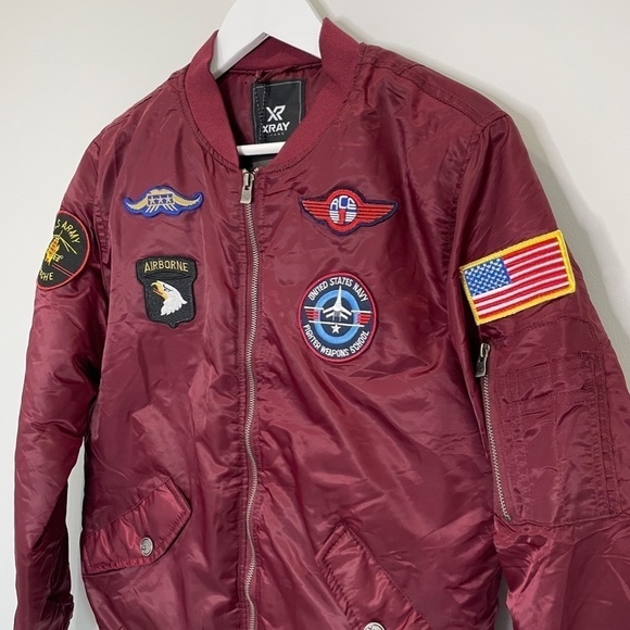 XRAY Burgundy Patched Flight Men's Bomber Jacket - Picture 3 of 8
